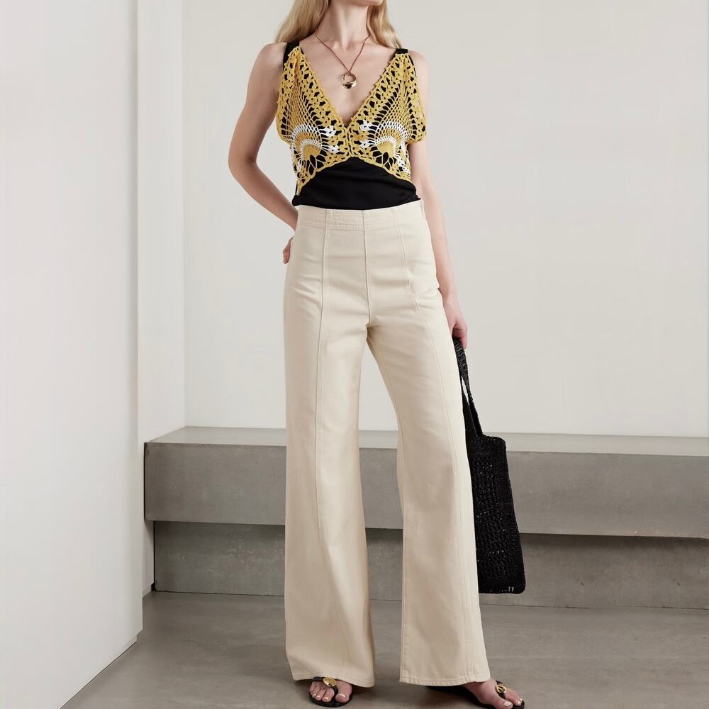 Ulla Johnson Bianca Paneled High-Rise Wide-Leg Jeans Ecru Cream Size 25